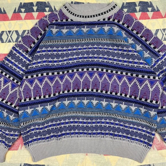 Vintage Grandpa Sweater Mens Large Gray Crewneck 90s Aztec Grunge Nubby Knit - Picture 2 of 11
